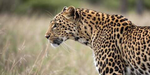 Naklejka premium Close-up of leopard skin texture in a natural setting, woodland, animal print, leaves, plant life, tree roots