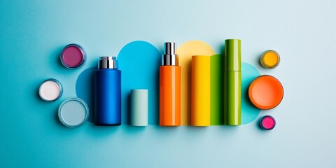 Obraz premium Colorful Beauty Products Arranged on a Blue Background