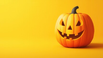 A carved pumpkin with a cheerful expression sits on a bright yellow background, Halloween.