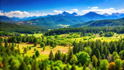 Obraz premium Serene Tilt-Shift Photography of a Wooded Landscape in Rural Colorado, Capturing Lush Greenery, Majestic Mountains, and Tranquil Atmosphere of Nature's Beauty