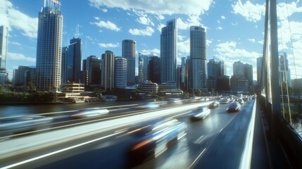 Fototapeta premium Urban Chaos: Commuters Rushing on Bridge with Blurred Cars, River, and City Skyline in Background - Ultra-Detailed Cityscape during Rush Hour