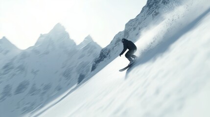 Adrenaline Rush - Snowboarder Carving the Slope with Snow Spray Motion Blur and Snowy Peaks in Background
