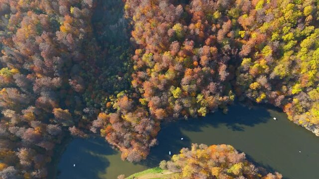 Colorful view of the autumn forest with lake. Parz Lake in Tavush, Armenia. Taken with a drone