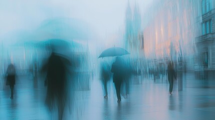 Obraz premium Urban Rainy Day: People Walking through City Square with Blurred Umbrellas in Motion, Soft Buildings in Background