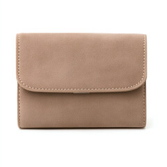 A light brown suede clutch with magnetic closure on solid white background, single object