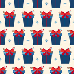 Obraz premium Seamless holiday pattern with gifts. Christmas vector illustration for greeting card, gift paper, wallpaper, wallpaper, textile, cover.