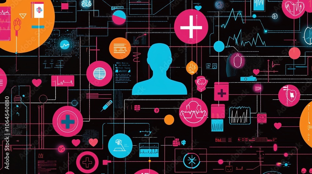 Poster explore the digital representation of key factors contributing to health in modern medicine and tech
