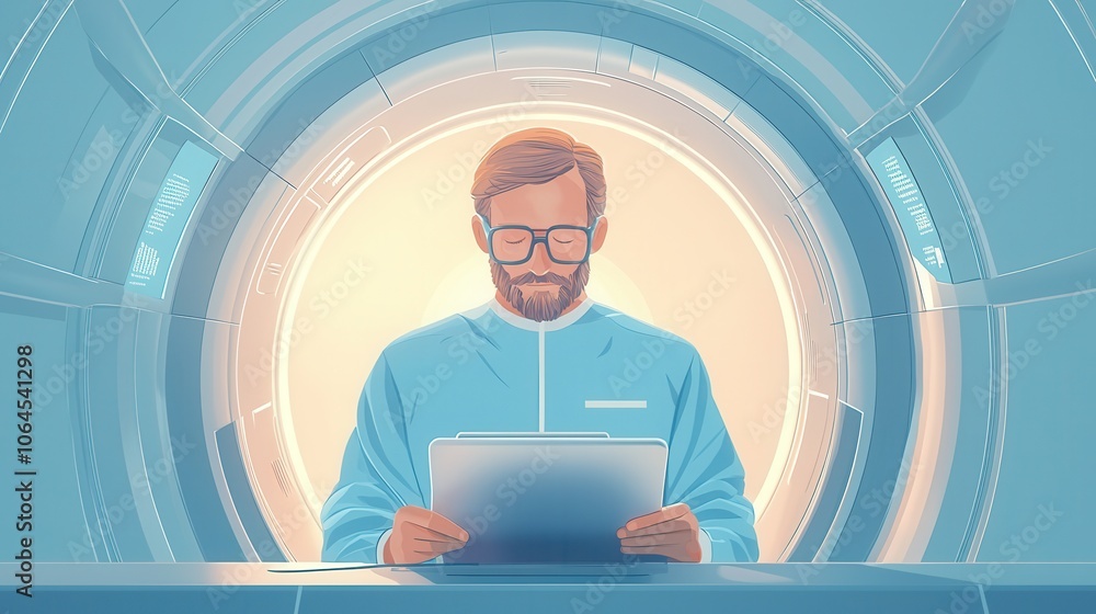 Poster a scientist in a futuristic setting examines a digital tablet, illuminated by a bright circular back