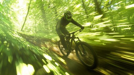 Naklejka premium Thrilling Ride Through the Woods: Mountain Biker Blurred in Speed with Sunlight Filtering Through Leaves