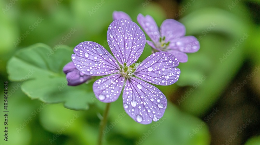 Poster capture the beauty of nature a macro shot of a wildflower adorned with dewdrops in a lush green back