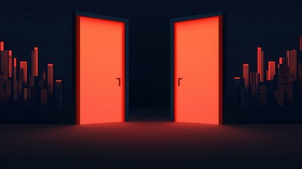 Fototapeta premium Two glowing red doors stand against a dark backdrop, a choice or transition in a futuristic cityscape.
