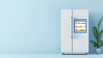 A modern refrigerator against a light blue wall, adorned with colorful magnets and a plant for a fresh