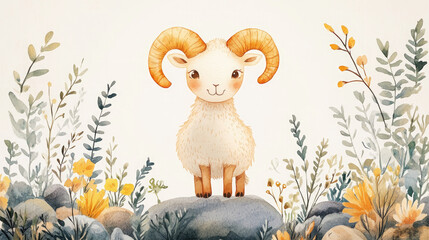 A sheep with curved horns standing in the grass