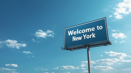 billboard with welcome to new york against blue sky