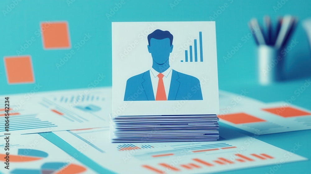 Aufkleber a stylized representation of a business figure on a stack of documents with graphs, analytics and pr