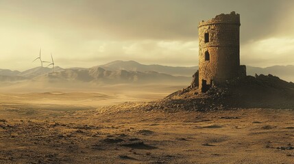 Deserted Tower Surrounded by Windswept Landscape