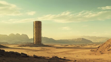 Tower Structure in Desert Landscape at Dusk