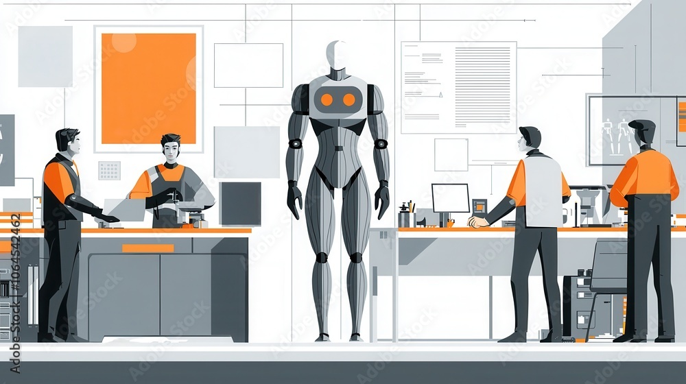 Poster a futuristic scene featuring a humanoid robot interacting with technicians in a modern workspace, te