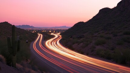 Dynamic Sunset Drive: Cars in Motion Blur Along Mountain Highway with Vibrant Pink and Orange Sky