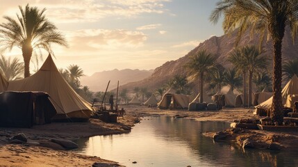 Peaceful Desert Camp at Sunrise with Palm Trees