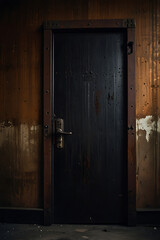 Rusted metal door slightly ajar in an abandoned factory, revealing a dark room beyond, filled with eerie shadows and an unsettling quiet.