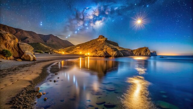 Stunning Night Photography of Cabo de Gata Beach, Nijar, Almeria - Serene Coastal Views, Starry Skies, and Gentle Waves