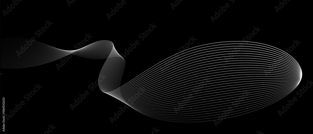 Poster Abstract vector wavy lines flowing smooth curve white grey light color on black background in concept of luxury, technology, science, music, modern.