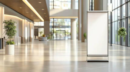 White display stands in bright office corridor mockup