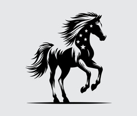 Stylized horse silhouette, black and white illustration, star pattern on horse body