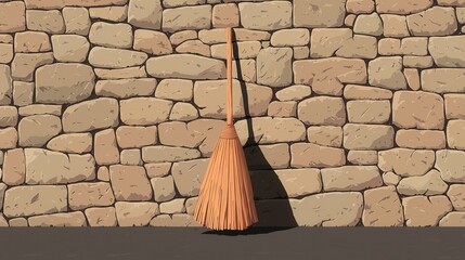 A simple broom rests against a textured stone wall, casting a shadow