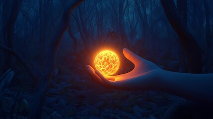 A hand holding a glowing seed in a dark forest, symbolizing positive energy, potential and growth.