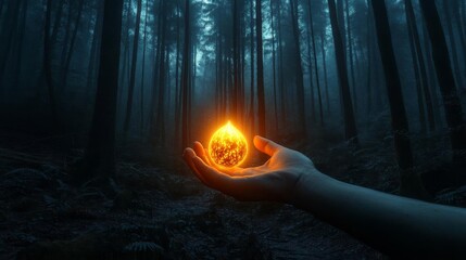 A hand holding a glowing seed in a dark forest, symbolizing positive energy, potential and growth.