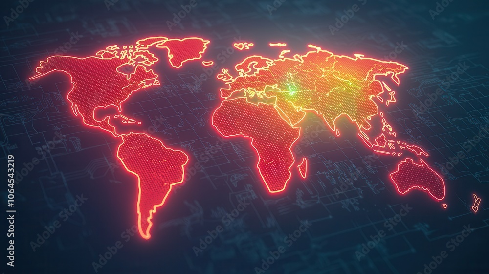 Poster a digital map of the world displayed in bright red and green tones, data visualization