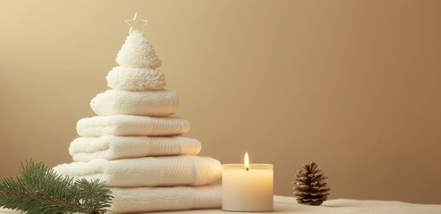 Christmas tree made towels and one candle near, warm beige background with free space for text.