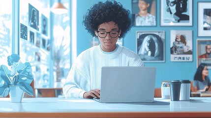 A young woman with curly hair works on a laptop in a bright café filled with artwork