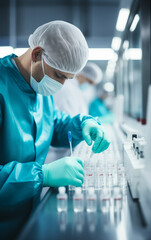 
staff check medical vials on production line at pharmaceutical factory, pharmaceutical machine working pharmaceutical glass bottles production line