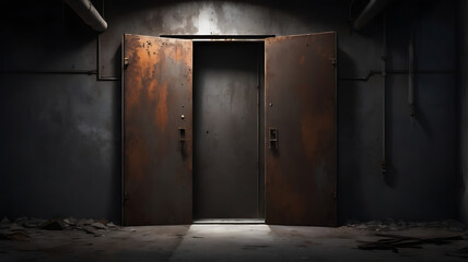 Obraz premium Rusted metal door slightly ajar in an abandoned factory, revealing a dark room beyond, filled with eerie shadows and an unsettling quiet.