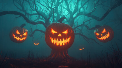 Fototapeta premium A spooky Halloween scene featuring glowing jack-o'-lanterns surrounded by a foggy forest