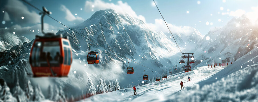 Skiers enjoy a sunny winter day, riding cable cars up a snowy mountain while others ski down the slopes in a beautiful winter wonderland