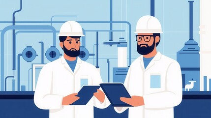 Two professionals in hard hats and lab coats analyze data on tablets in an industrial setting