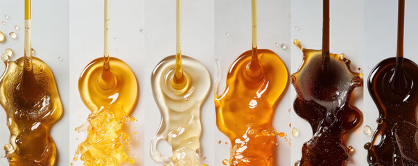 Six varieties of honey cascading and splashing onto a blank canvas, forming a delectably sticky and sweet scene ideal for promoting food and drink