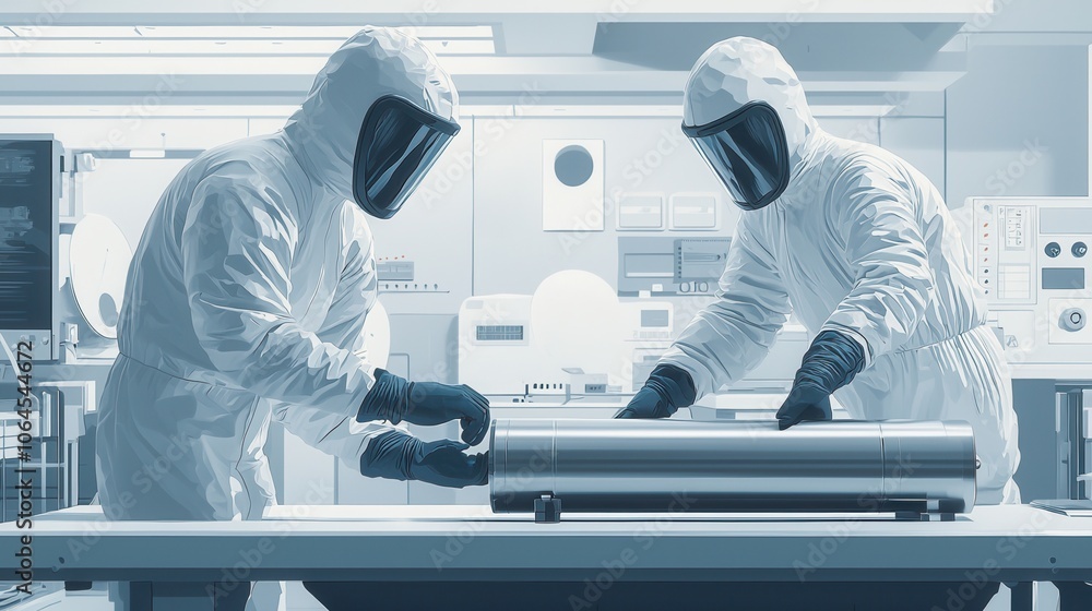 Poster two scientists in protective gear work on a metallic device in a high-tech laboratory setting