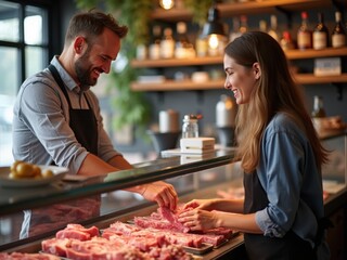 Engaging Interaction Between a Butcher and a Customer at a Lively Market in the Afternoon