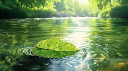 A leaf floating on a river, drifting with the current, symbolizing stillness, serene and peaceful life.