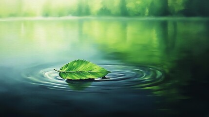 A leaf floating on a river, drifting with the current, symbolizing stillness, serene and peaceful life.