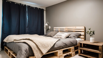 Small bedroom with pallet bed thick quilts and modern clean aesthetic