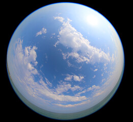 skies and white clouds in the hole of the fisheye lens