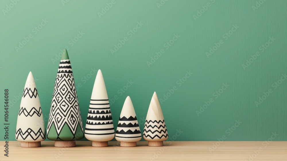 Poster ceramic christmas trees in various sizes with patterns, set against a solid green background on a wo