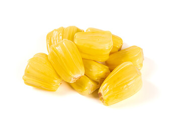 Ripe jackfruit peeled tropical fruit isolated on white background.