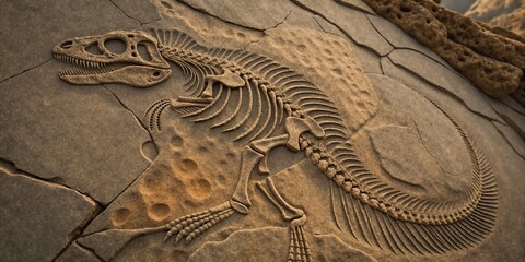 Dinosaur fossil texture carved into rocky surface with intricate details and dramatic shadows